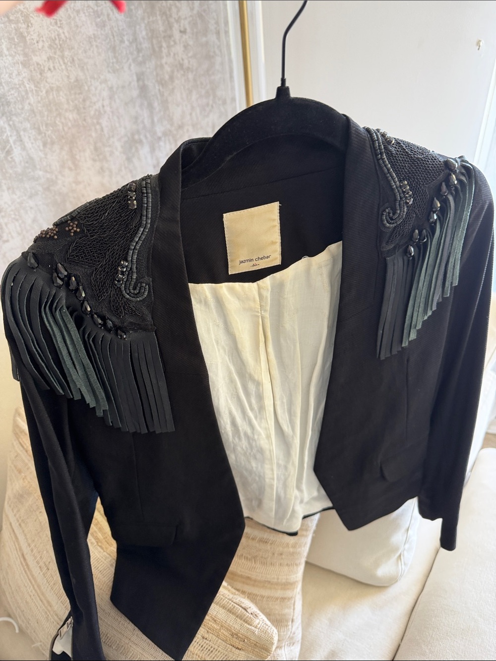 Jazmin Chebar exclusive Black Fringe-Shoulder Blazer